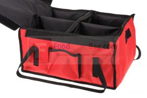 Sac professionnel de livraison repas 12 boites repas ou Lunchbox, disponible isotherme ou chauffant cloisons offertes version Rouge bordures noires sur commande